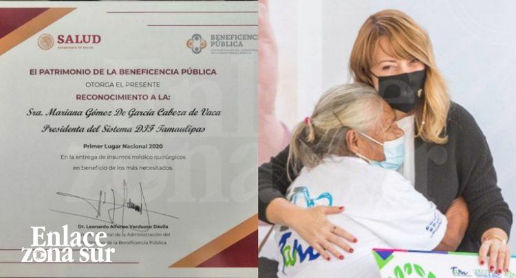 Recibe Mariana Gómez reconocimiento de primer lugar nacional por parte de Patrimonio de Beneficencia Pública Federal por la entrega de más insumos médicos a población vulnerable.