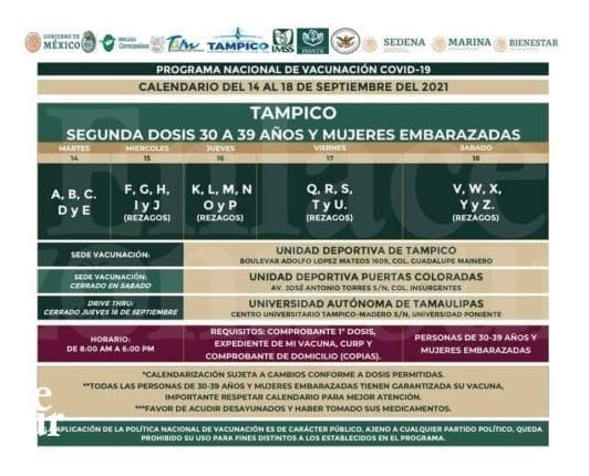 SEGUNDA DOSIS DE VACUNACIÓN PARA JÓVENES DE 30 A 39 AÑOS Y MUJERES EMBARAZADAS EN TAMPICO